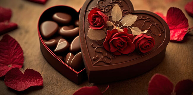 caixa de bombons romântica em forma de coração com pétalas de rosa em torno.
